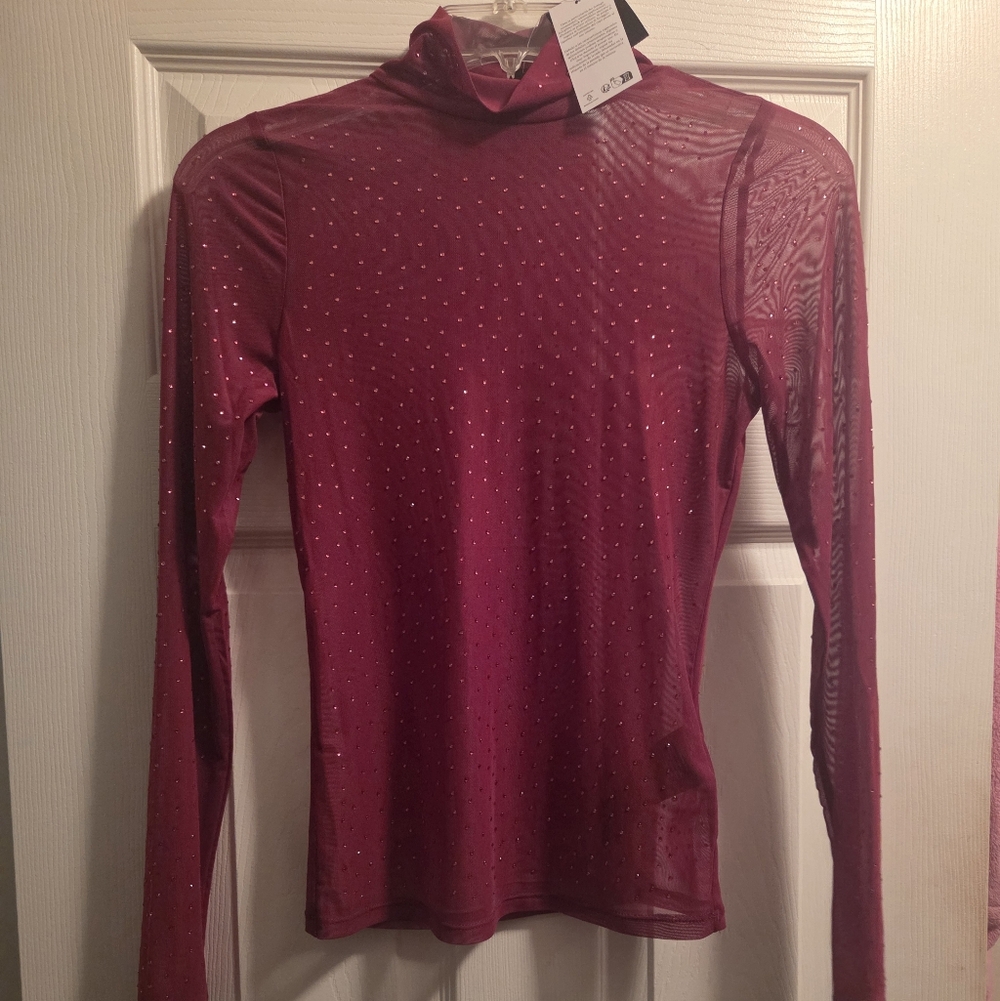 Guess Burgundy Long Sleeve Sheer Top